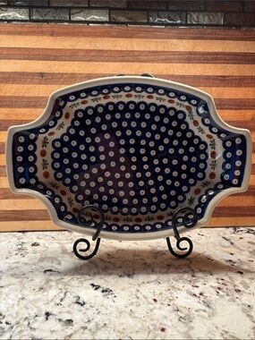Hand-Painted Ceramic Serving Platter in Navy Blue and White